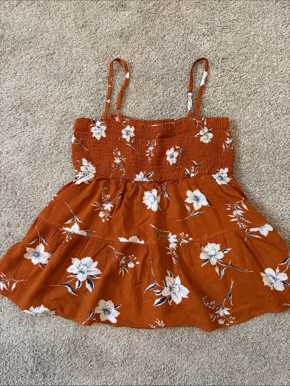 Paper Crane Rust Floral Smocked Top with White and Navy Details
